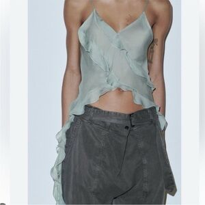 Zara Green Asymmetrical Ruffled Camisole